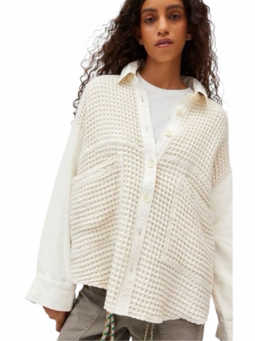 BDG URBAN OUTFITTERS Bryson Waffle Shirt Jacket Cream Shacket Large